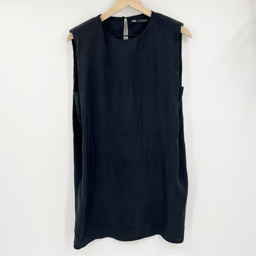 Zara Black Shoulder Pad 100% Lyocell Sleeveless Shift Dress Size US Small Mini